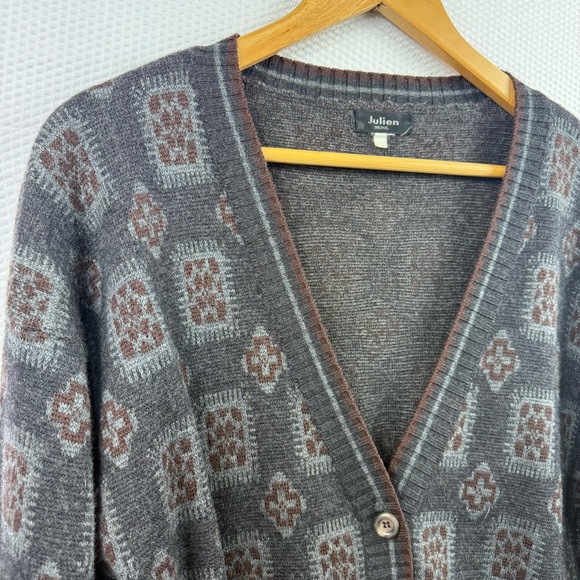 Vintage Julien Seoul Knit Cardigan Geometric Grey Retro Sweater Size M - Picture 1 of 8